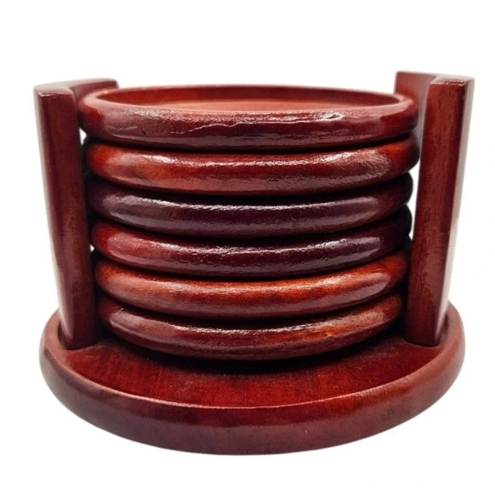 Kamenstein Wood‎ Coaster Set of 6 with Holder Red Brown Concentric Ring Design